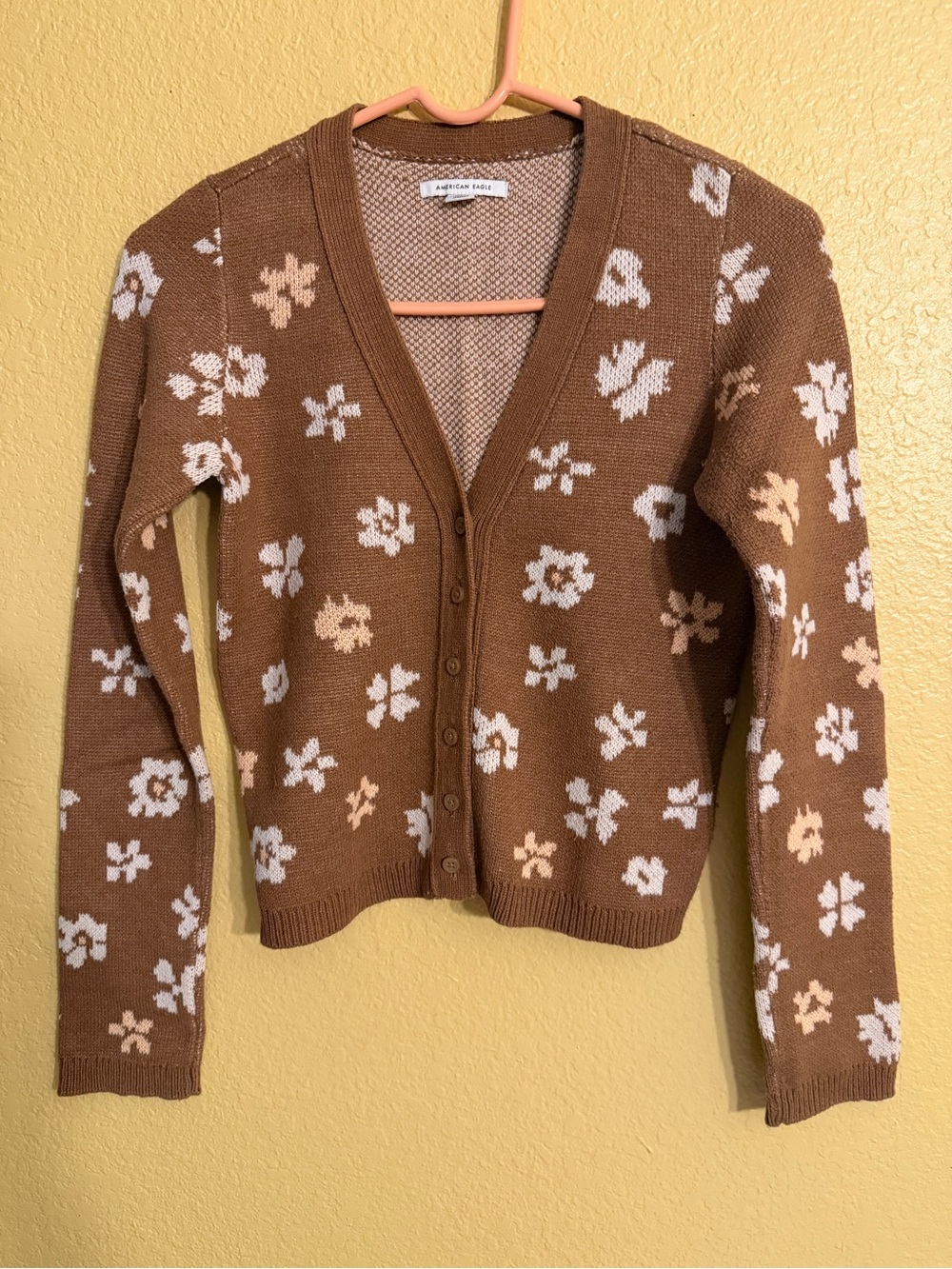 American Eagle Brown Floral V-Neck Button Cardigan